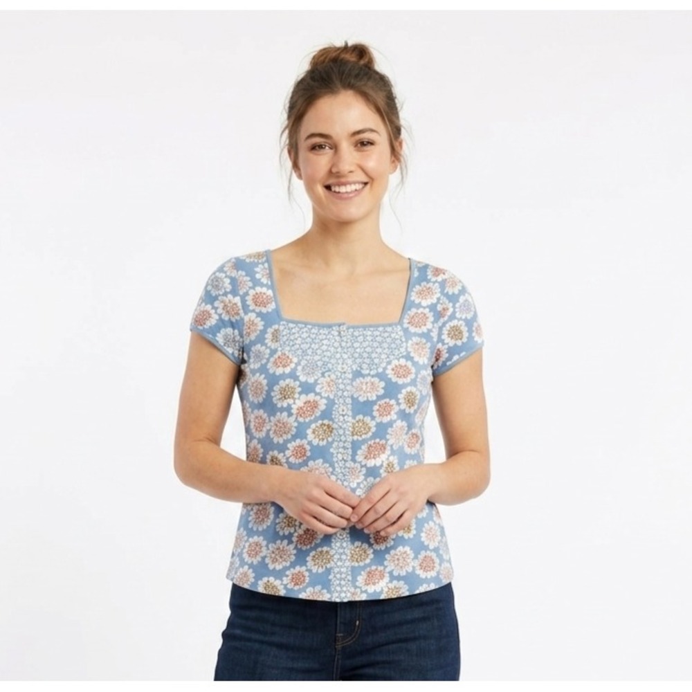 Boden Top Womens 8 Blue Y2K Ditsy Floral Square Neck Short Sleeve WA185
